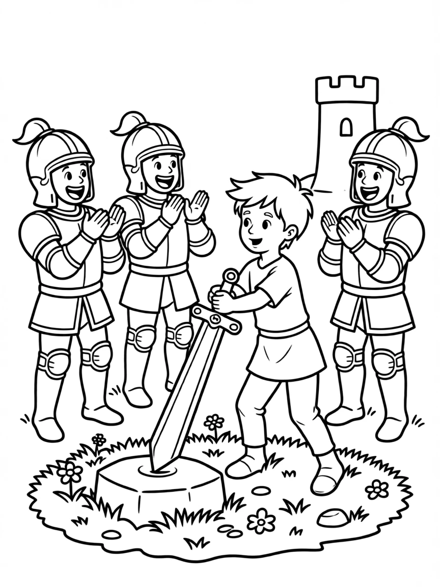 Arthur pulling the sword from the stone, with cheering knights.