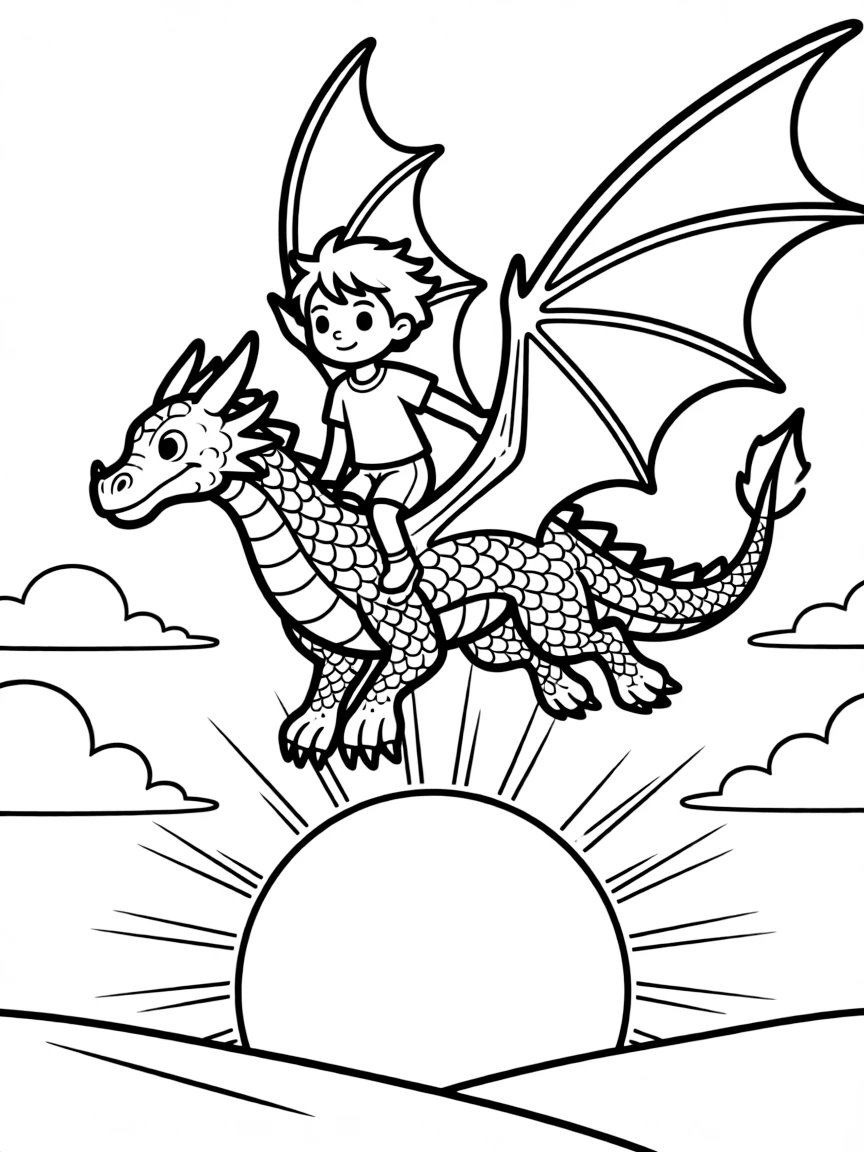 Cody flying with Marahute, with a sunset behind them.