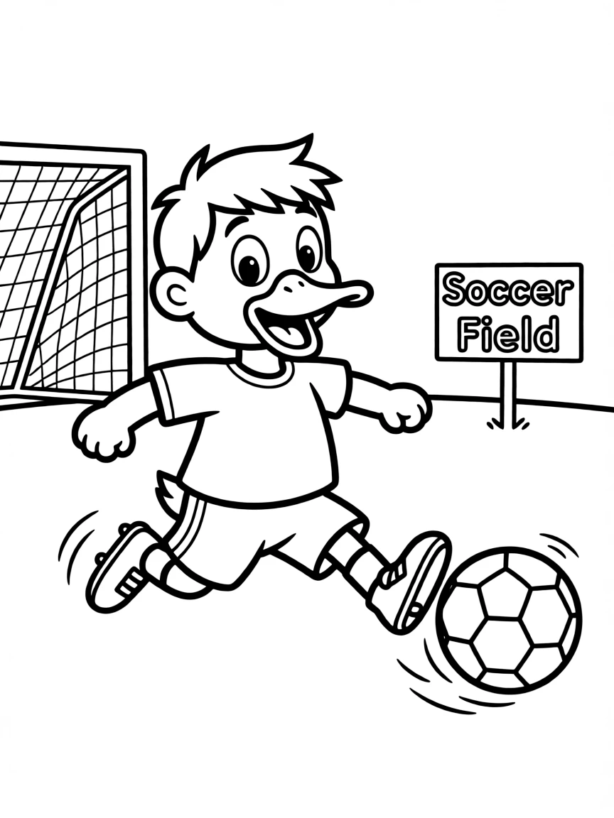 Donald Duck trying to play soccer, missing the ball.