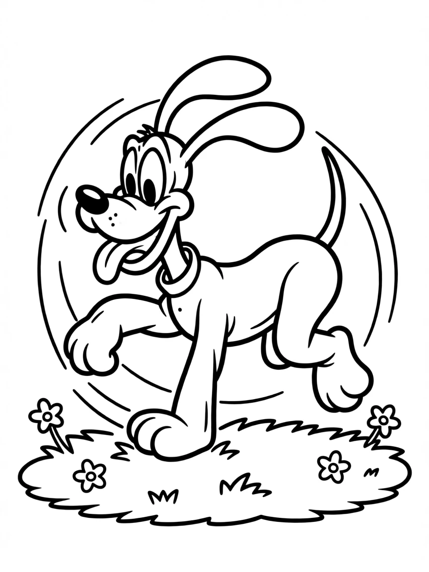 Pluto chasing his tail, looking silly.