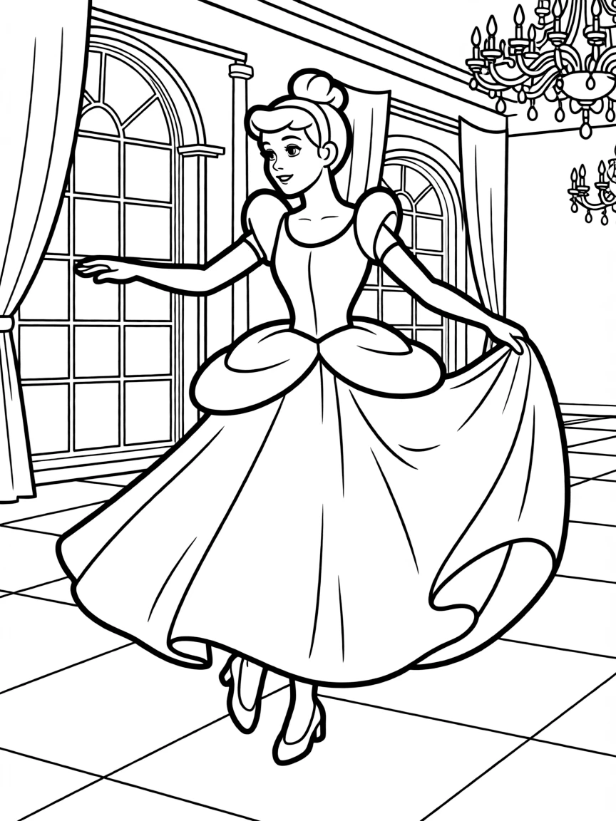 Cinderella dancing at the ball, with her glass slippers.