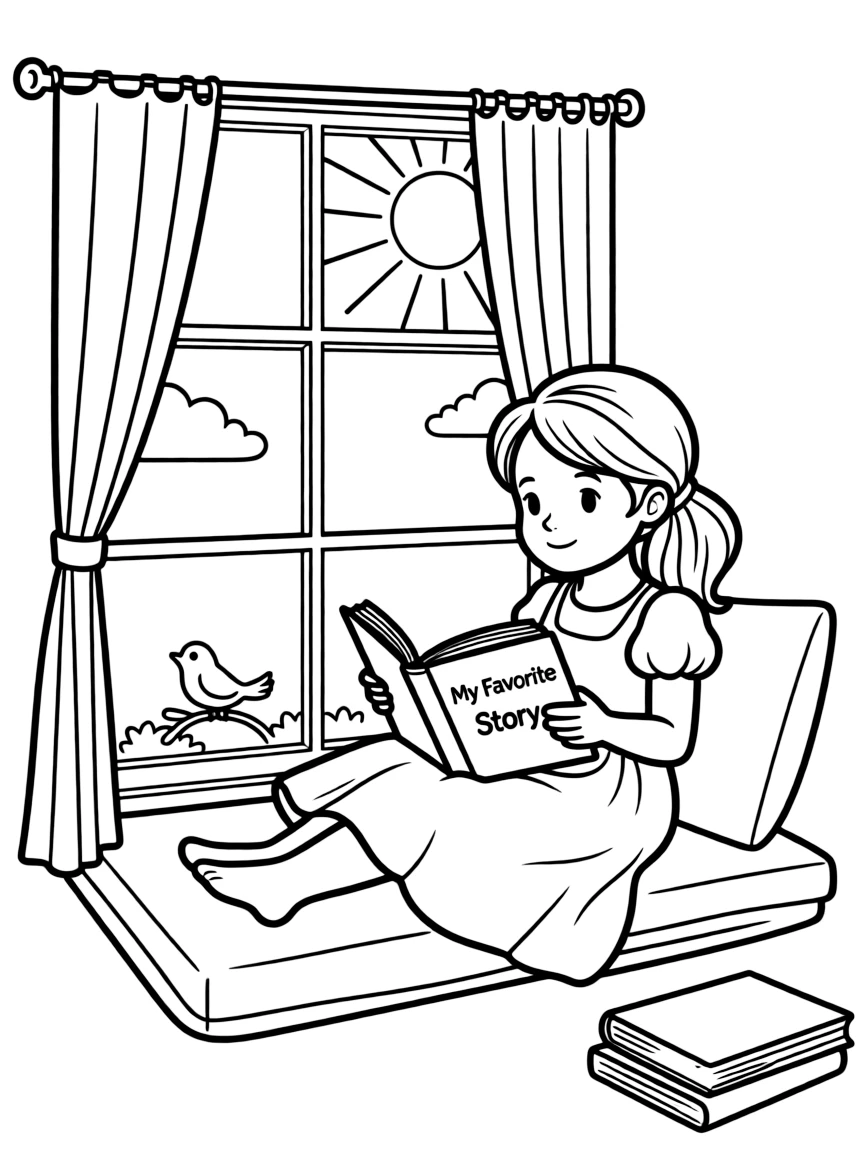 Belle reading a book by the window, with sunlight streaming in.