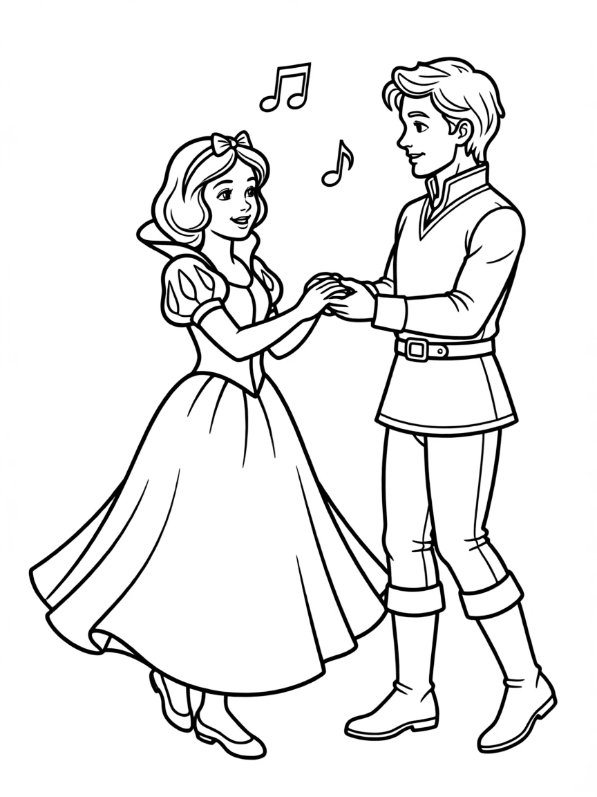 Snow White dancing with the Prince, looking happy.