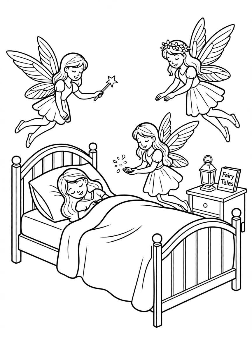Aurora sleeping peacefully in her bed, with the three fairies.