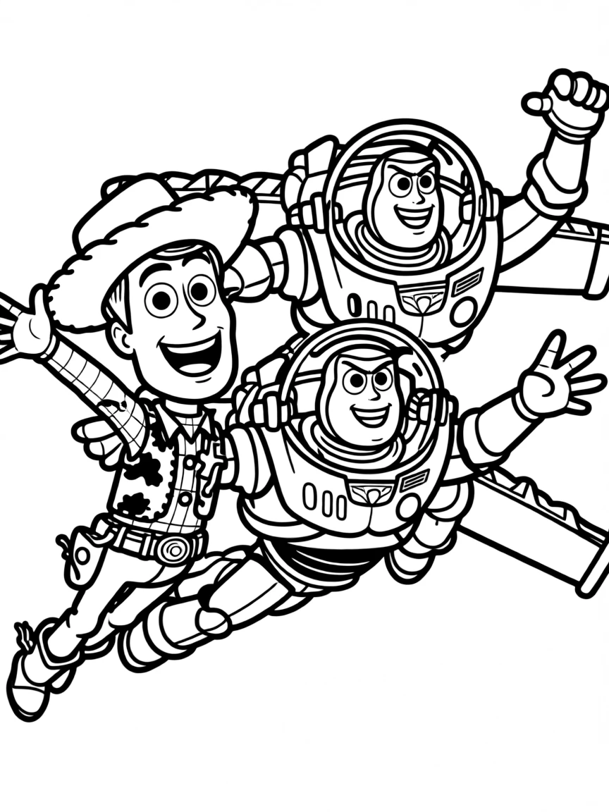 Woody and Buzz flying through the air, with a big smile.