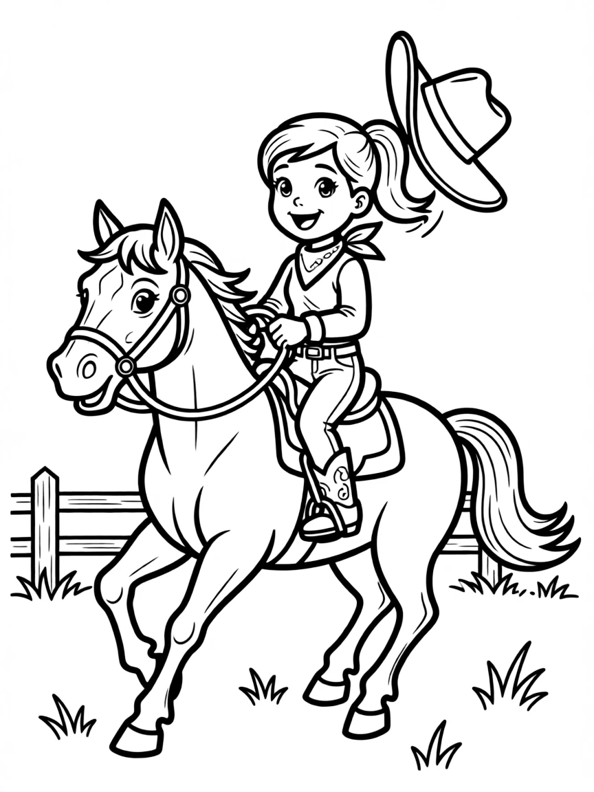 Jessie riding Bullseye, with her hat flying off.