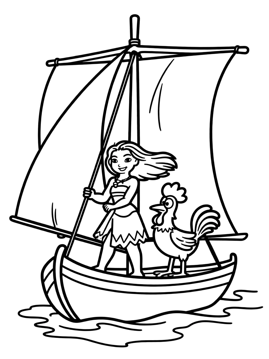 Moana sailing her boat, with Heihei looking confused.