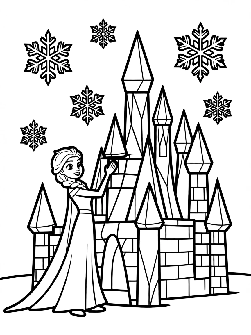 Elsa building a beautiful ice castle, with snowflakes falling.