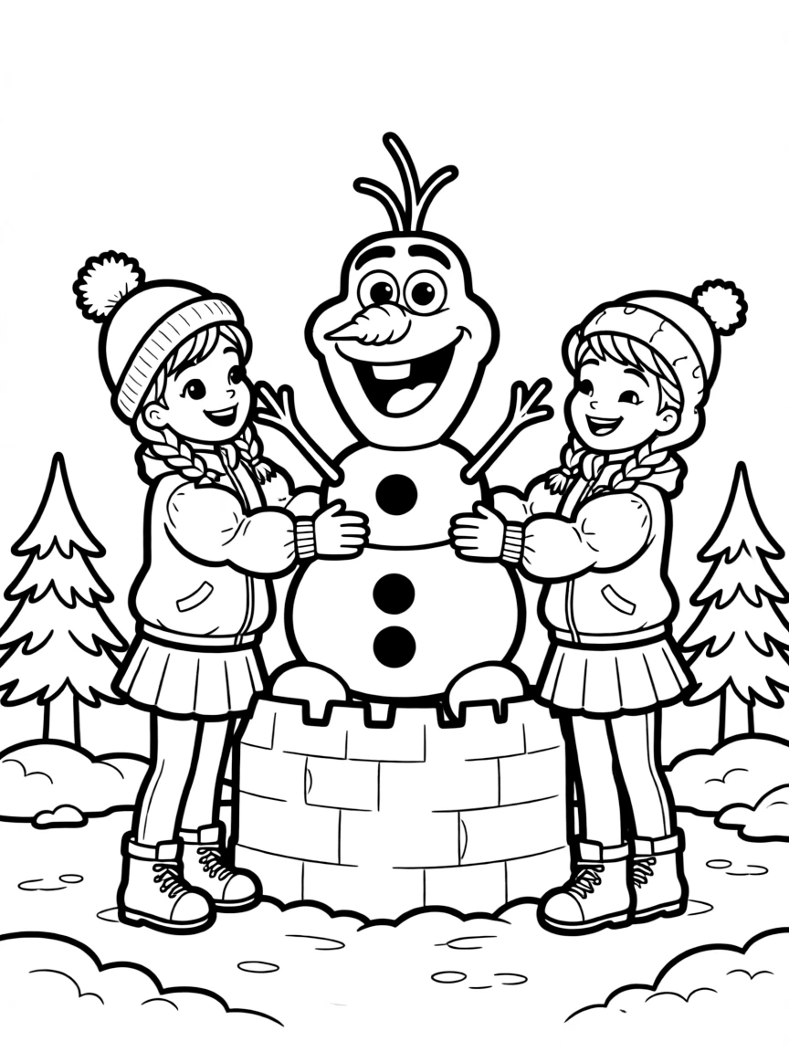 Anna and Olaf making a giant snow sculpture.
