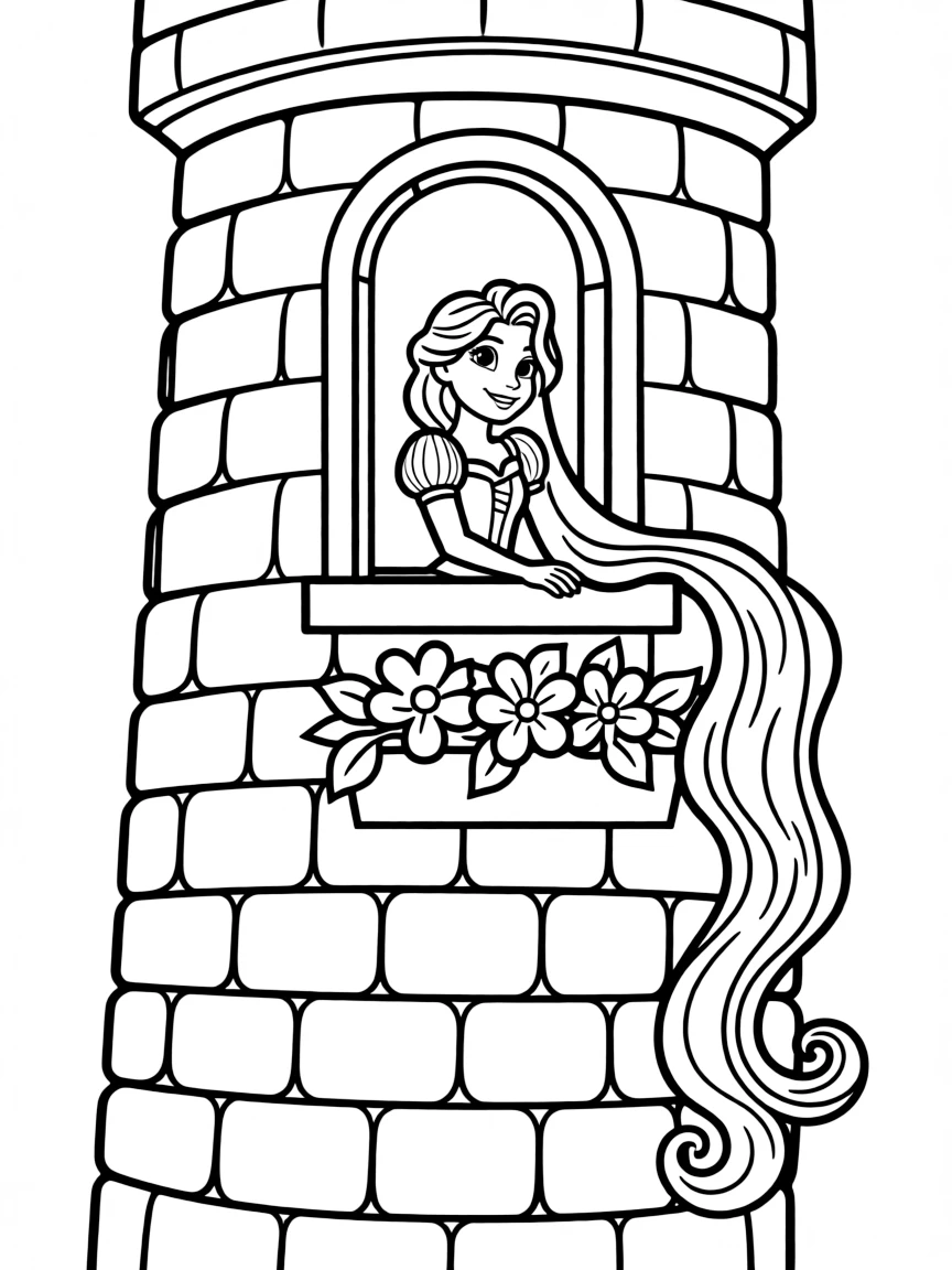Rapunzel letting down her hair, with a gentle smile.
