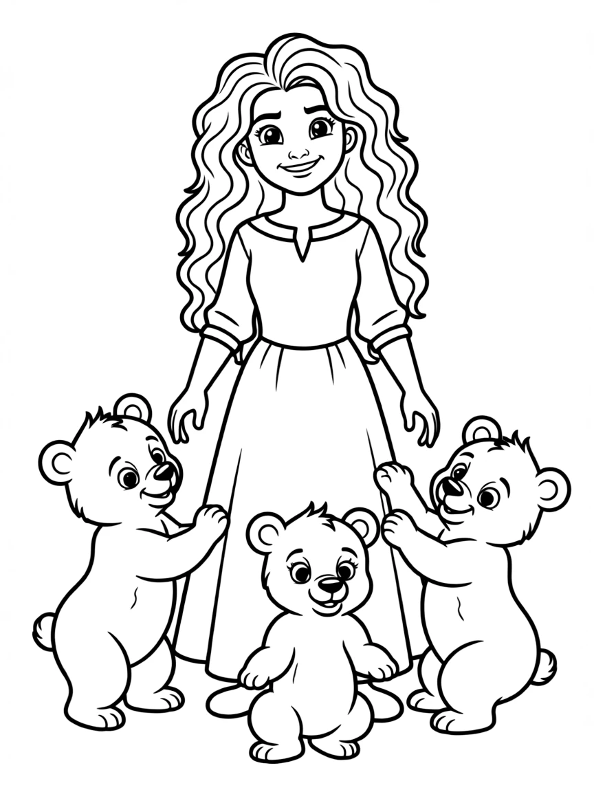 Merida with her three bear cub brothers, looking mischievous.