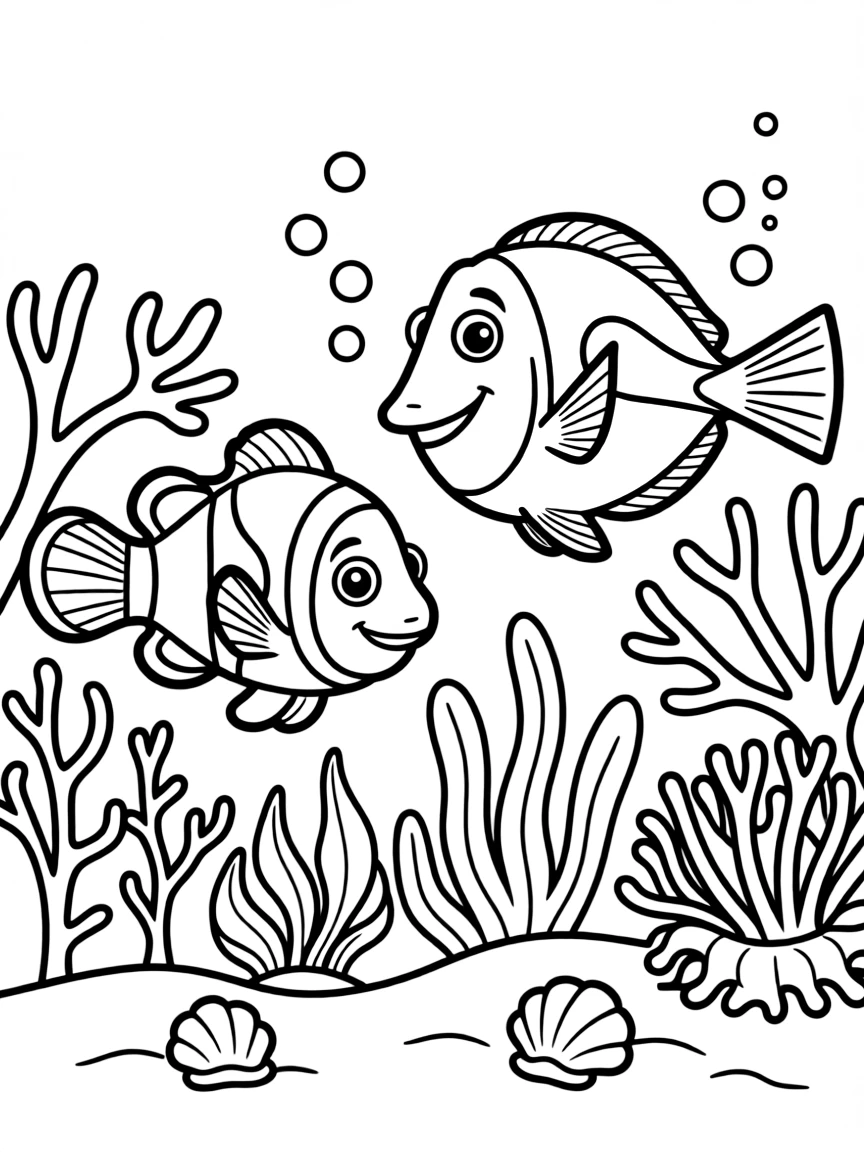 Nemo and Dory exploring a new part of the ocean.