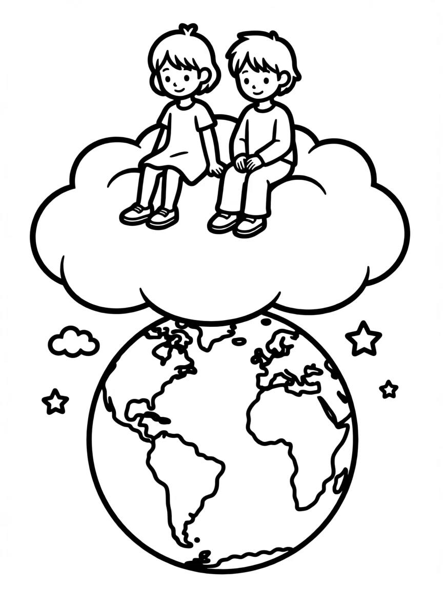 Joy and Sadness sitting on a cloud, looking at the world.