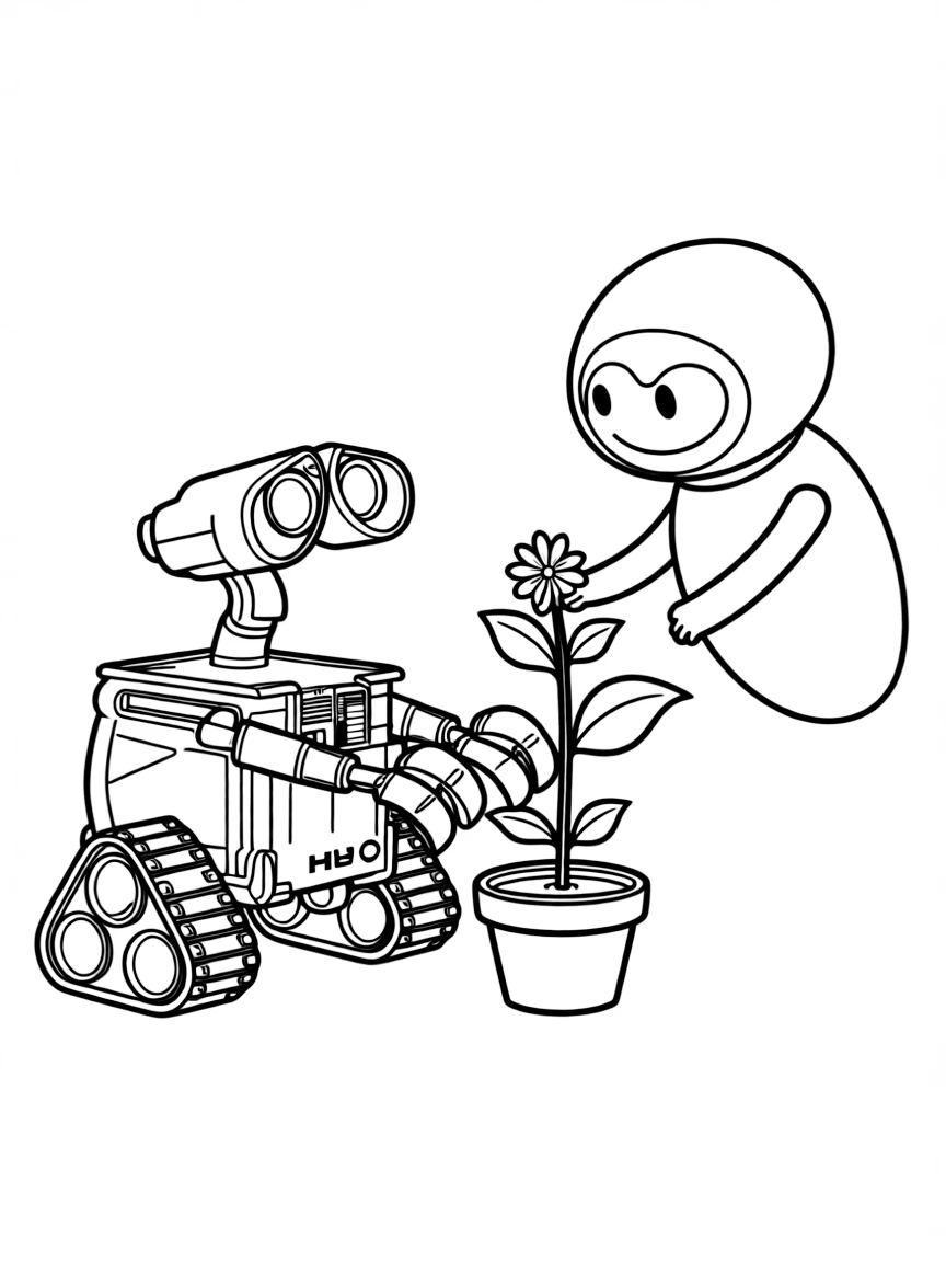 WALL-E and EVE looking at a plant.