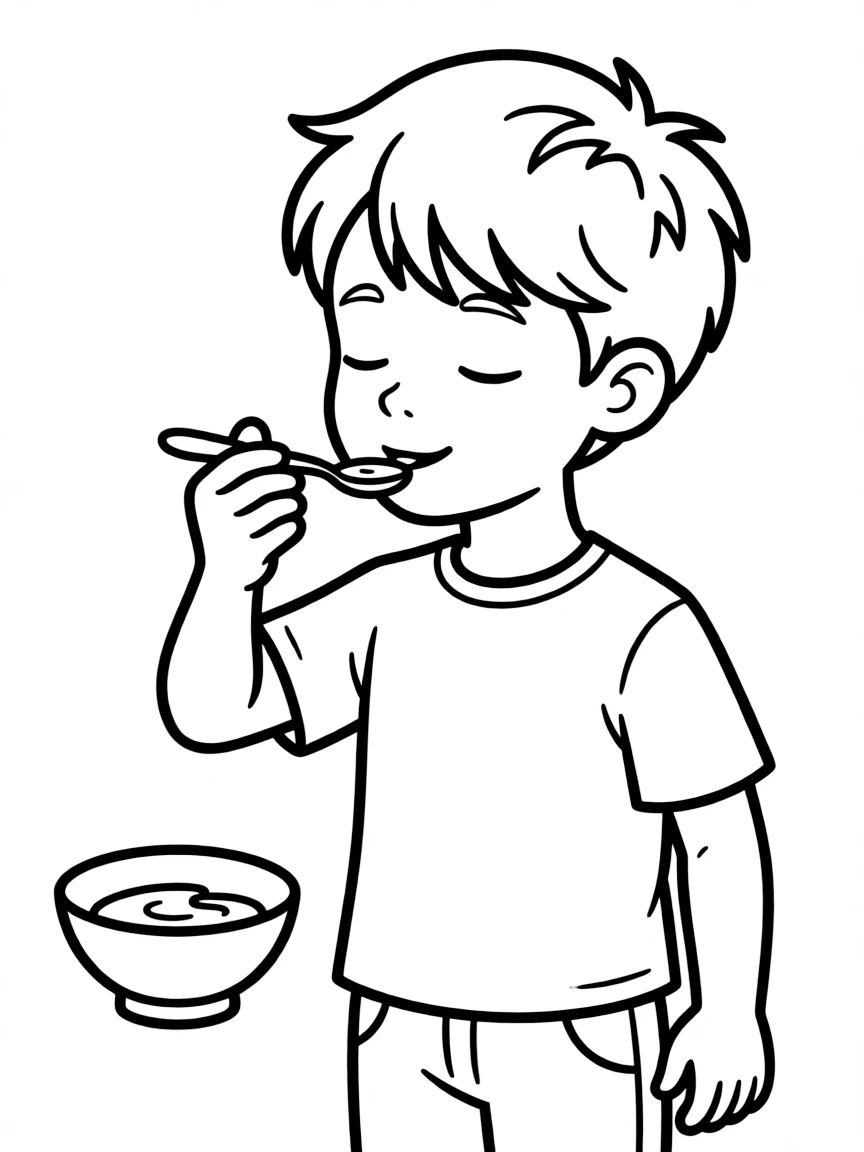 Remy holding a tiny spoon, tasting a sauce.