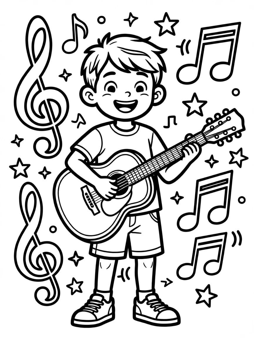 Miguel playing his guitar, with a vibrant, musical background.