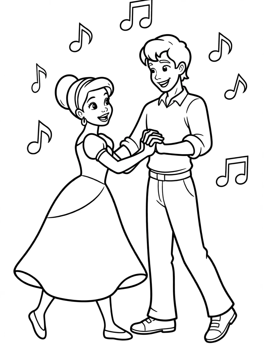 Tiana and Naveen dancing as humans, with music notes floating.
