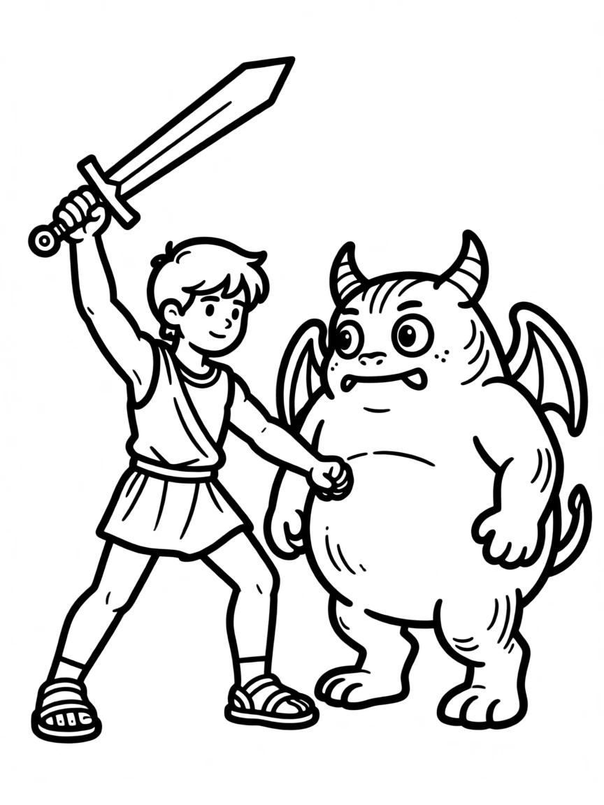 Hercules fighting a monster with his sword.