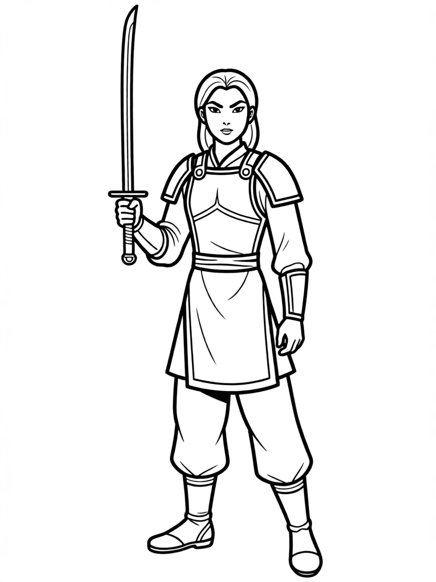 Mulan in her warrior outfit, with a brave expression.