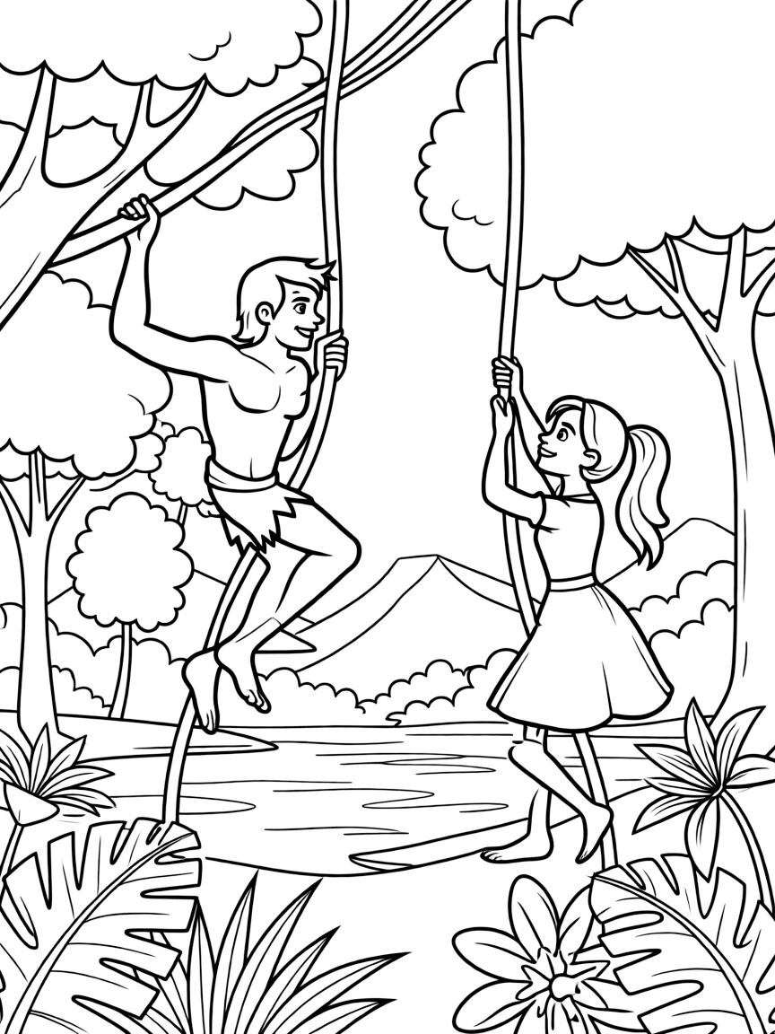 Tarzan swinging with Jane, looking at the view.
