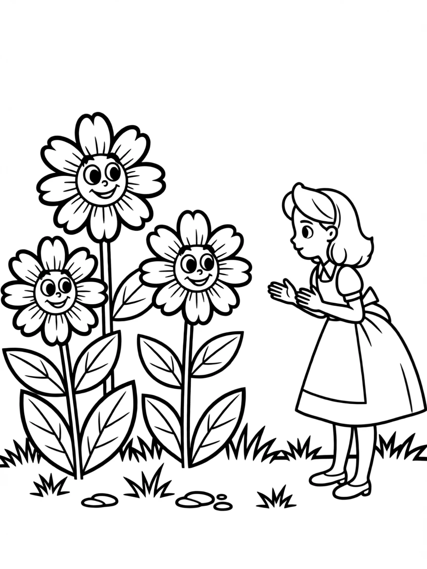 Alice talking to the talking flowers, with curious expressions.
