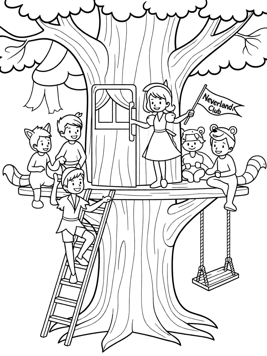 Peter Pan, Wendy, and the Lost Boys playing in a treehouse.