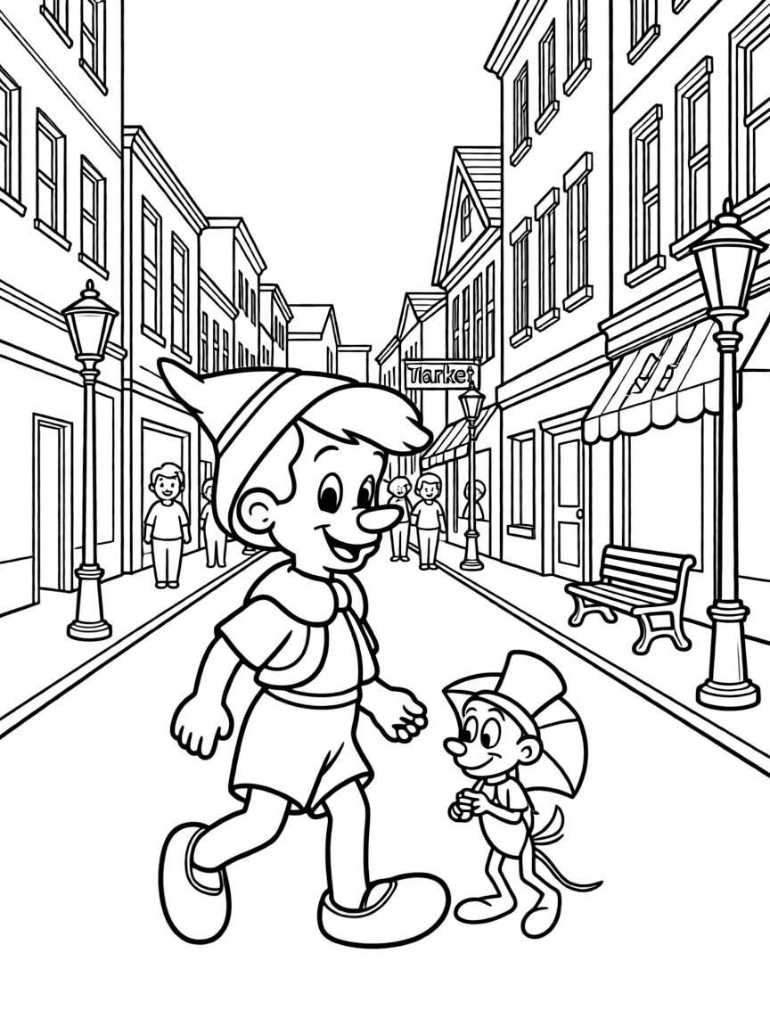 Pinocchio and Jiminy Cricket walking through a bustling town.