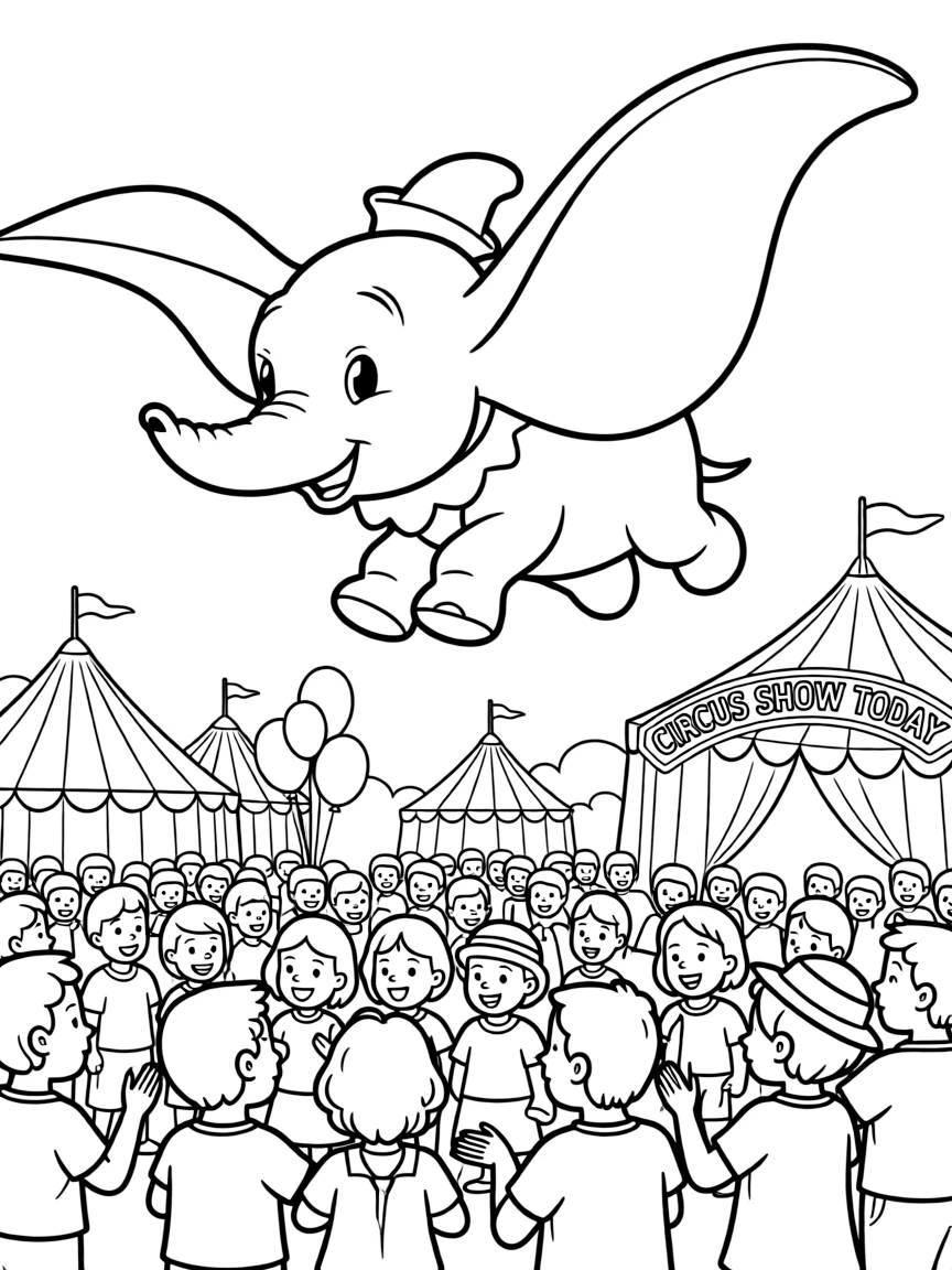 Dumbo flying above the circus crowd, looking triumphant.