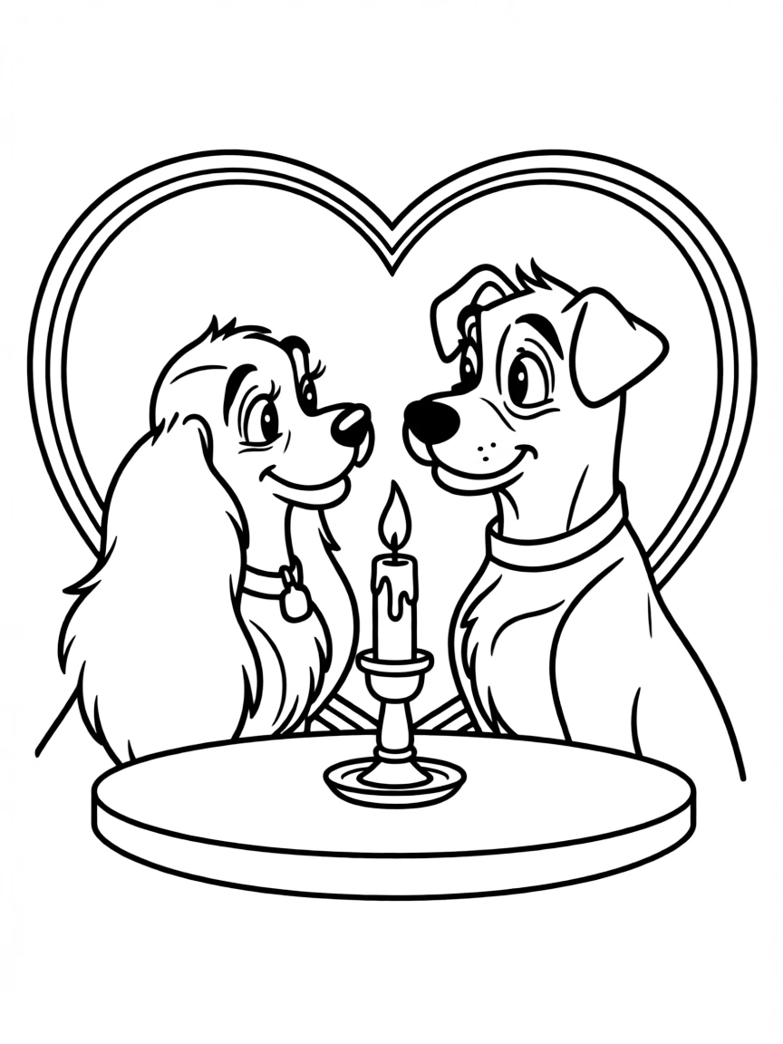 Lady and Tramp looking at each other romantically, with a candle.
