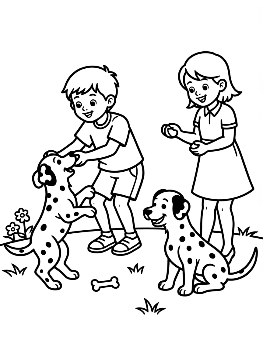 The Dalmatian puppies playing with Roger and Anita.