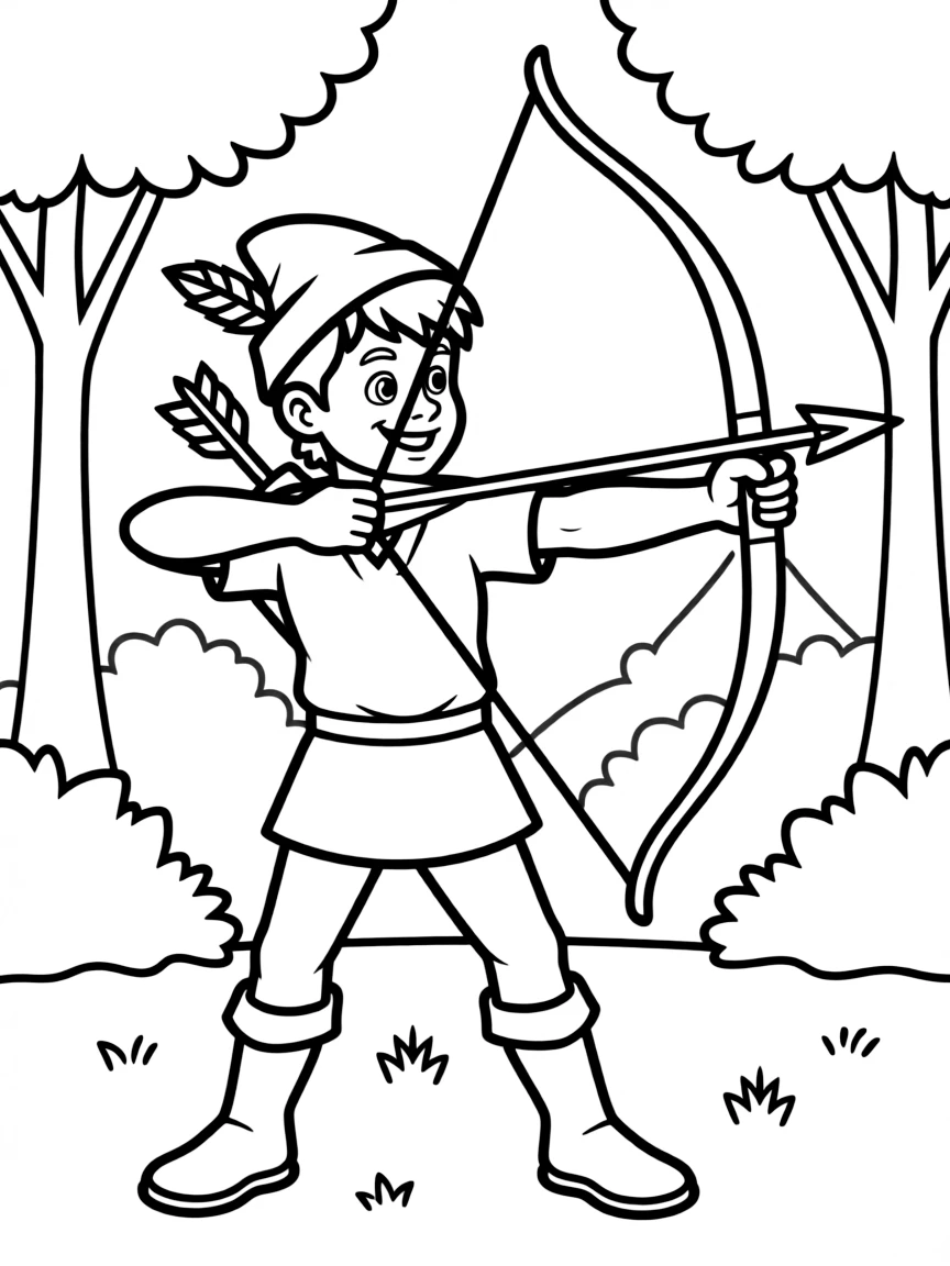 Robin Hood aiming his bow, with a confident smile.