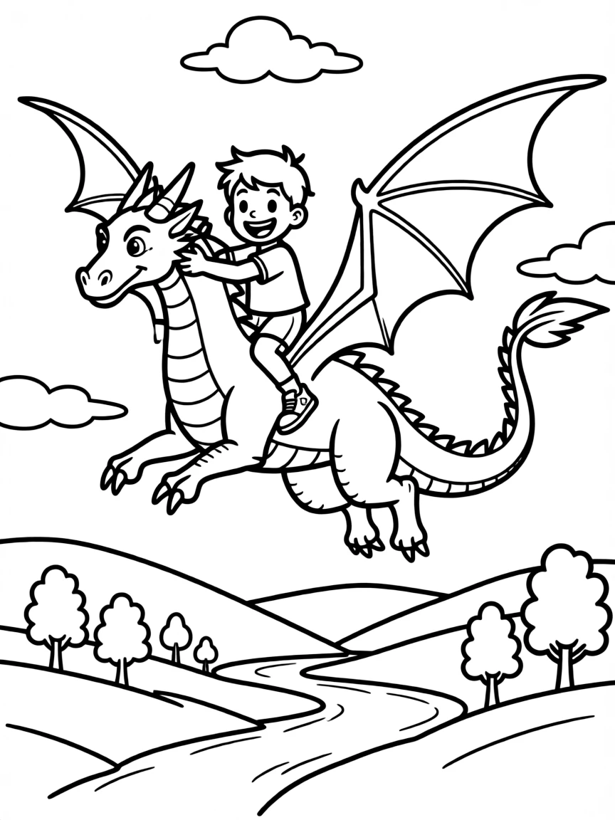 Cody flying with Marahute, with a vast landscape below.