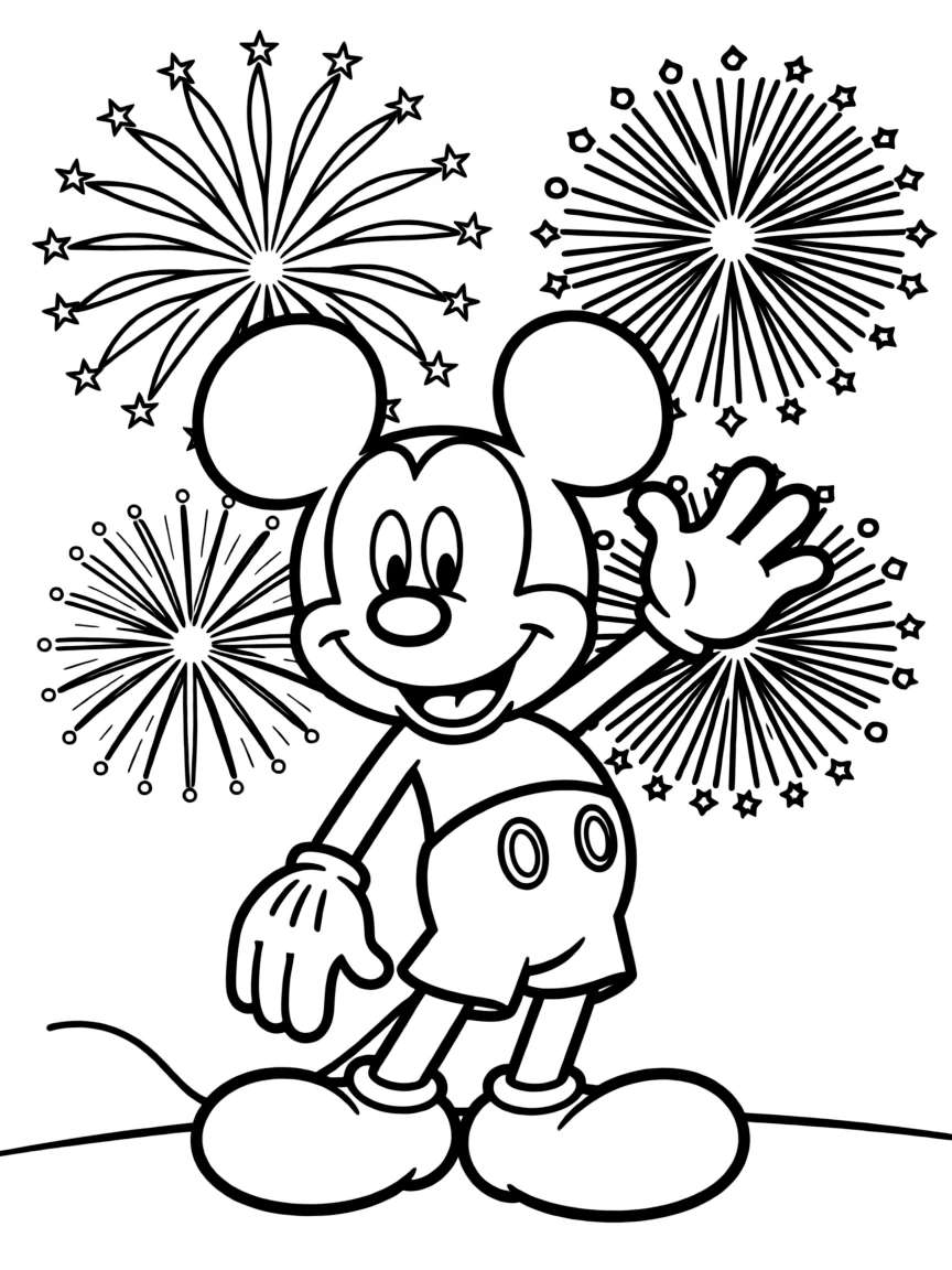 Mickey Mouse celebrating with fireworks behind him.