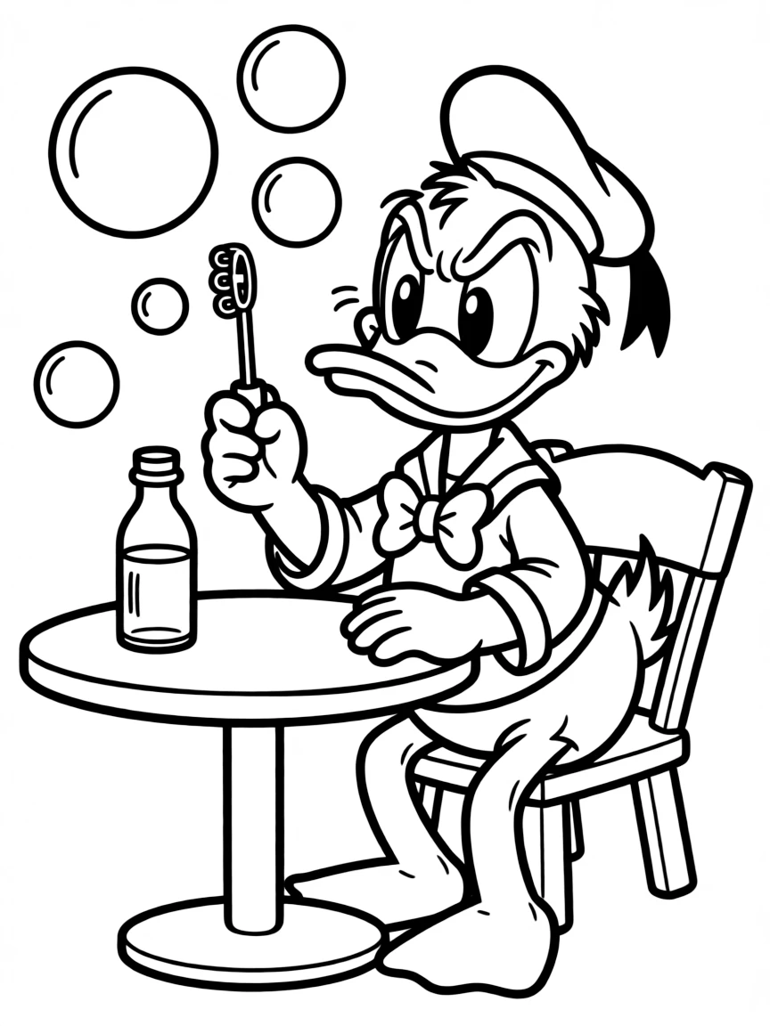 Donald Duck trying to blow bubbles, getting frustrated.