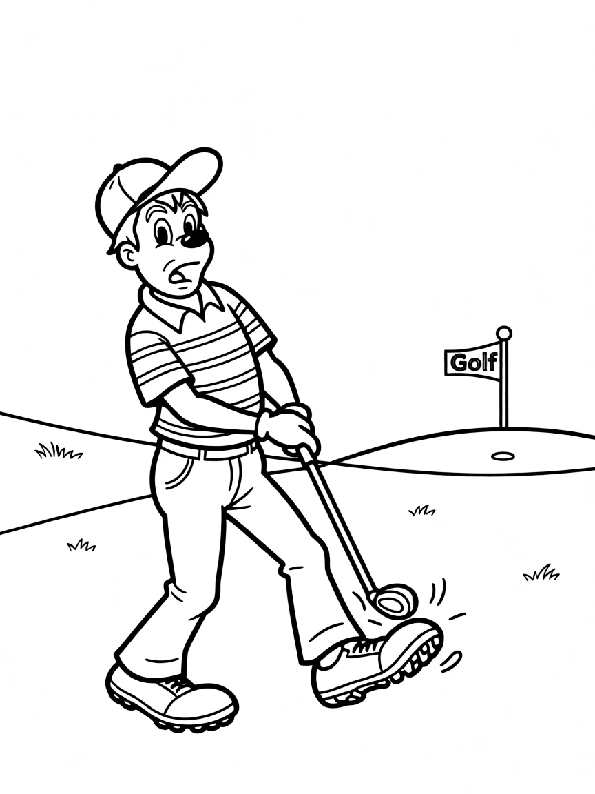 Goofy trying to play golf, hitting his own foot.