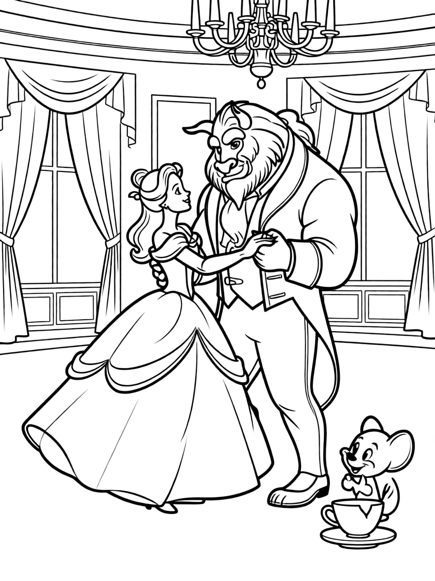 Belle and the Beast sharing a dance, with Chip watching.
