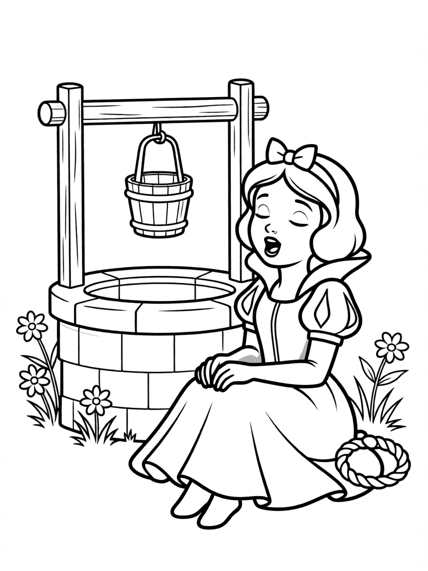 Snow White sitting by a well, singing a song.