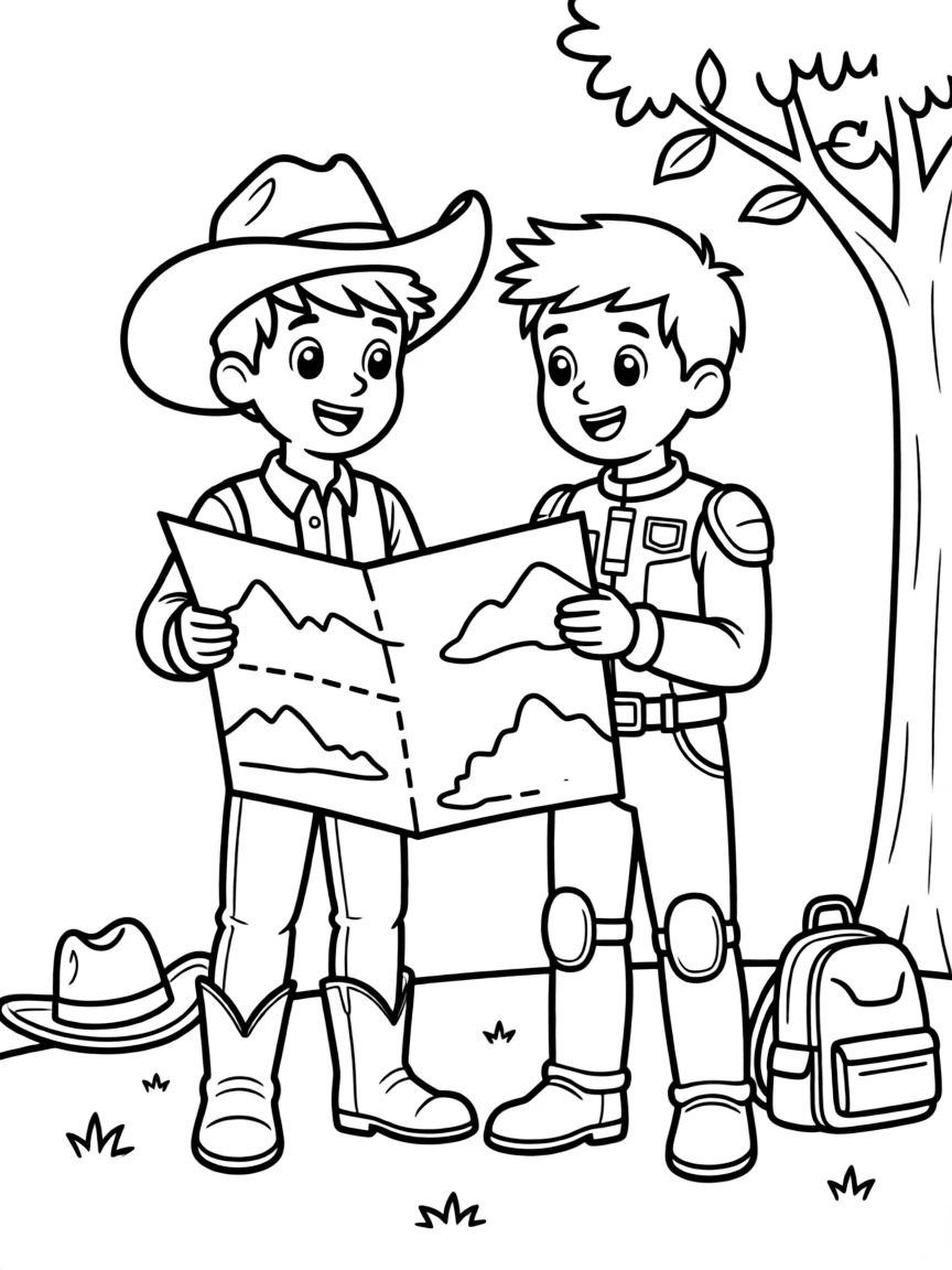 Woody and Buzz looking at a map, planning an adventure.