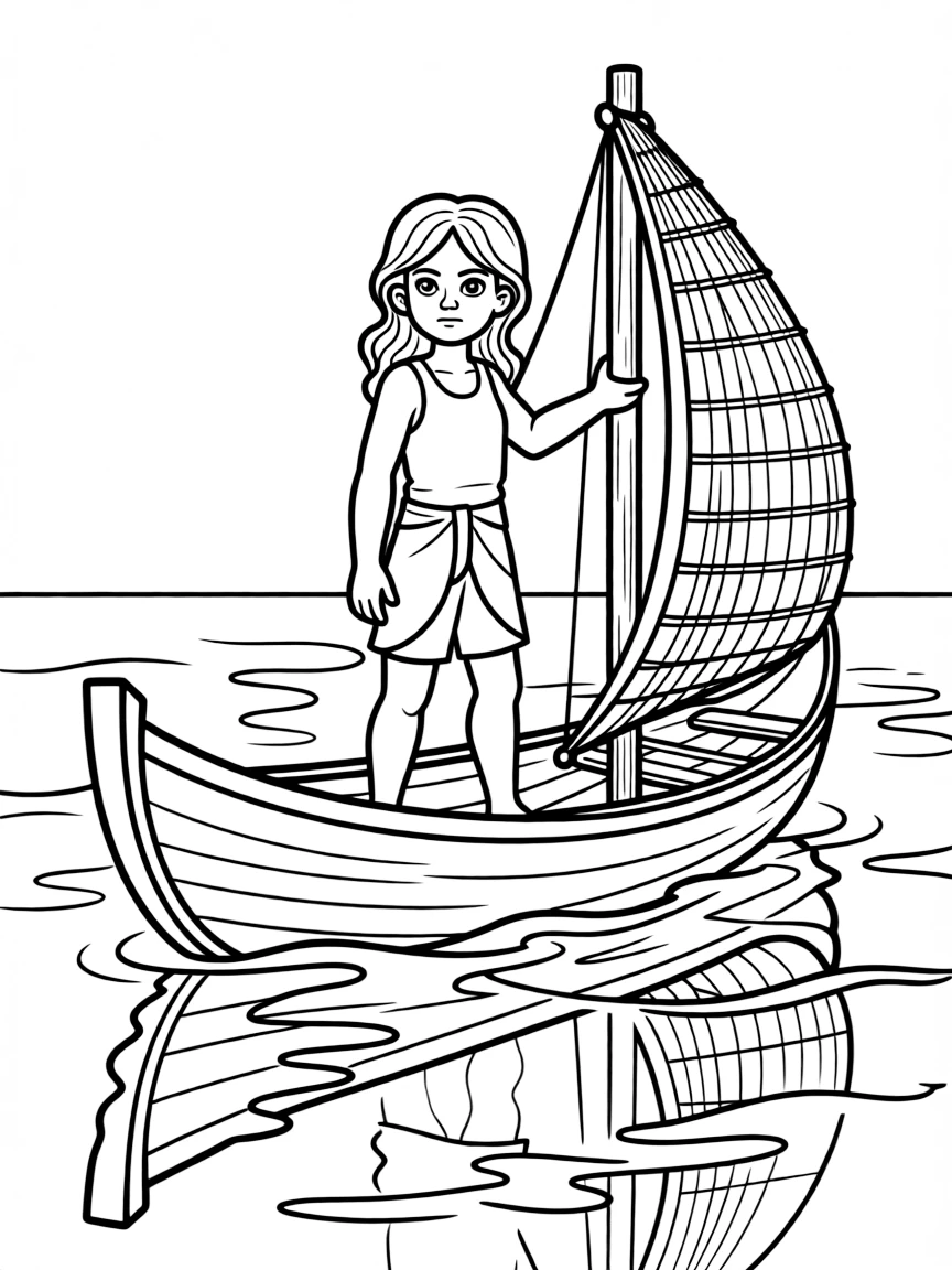 Moana sailing, with a determined expression, and the ocean reflecting her.