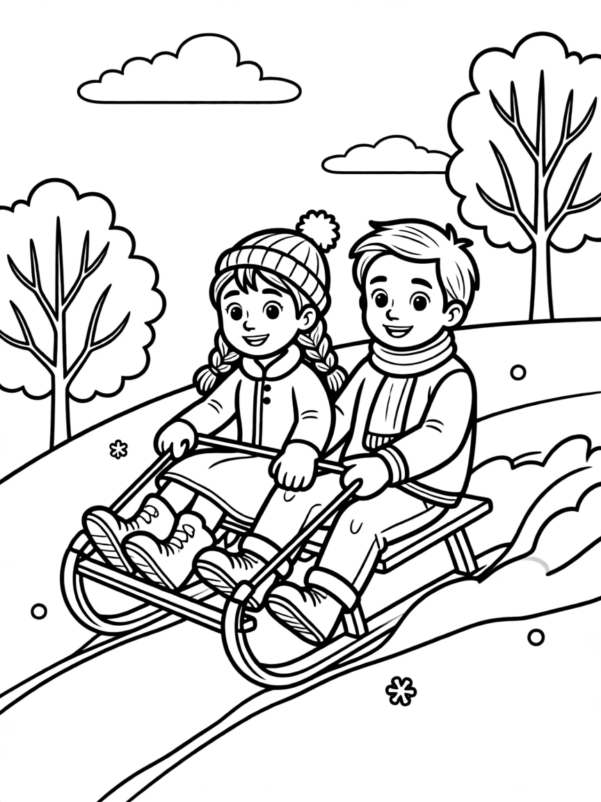 Anna and Olaf sliding down a hill on a sled.