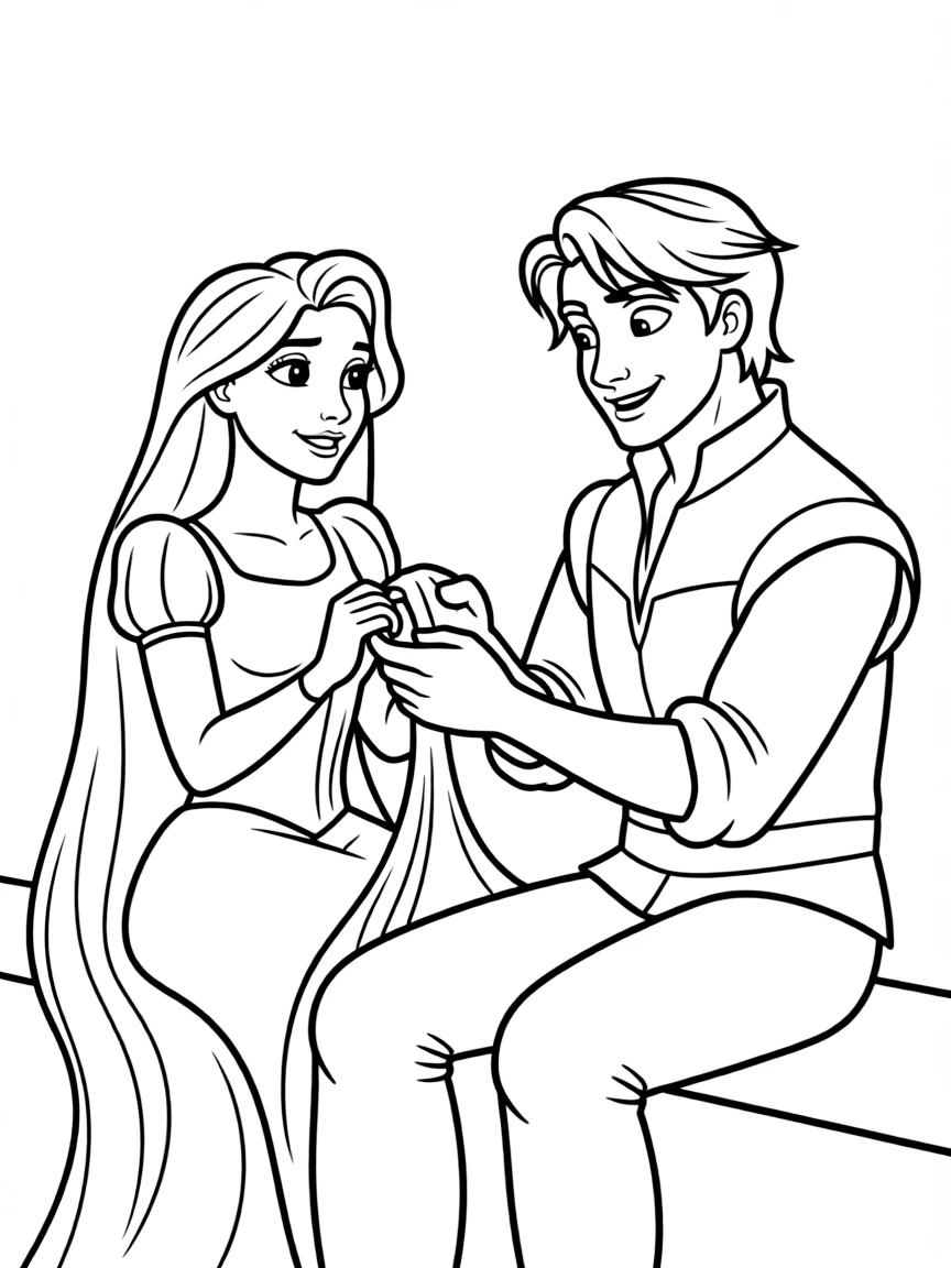 Rapunzel braiding Flynn Rider's hair, with a smirk.
