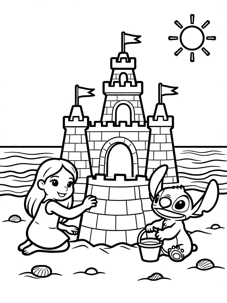 Lilo and Stitch building a huge sandcastle on the beach, with waves.