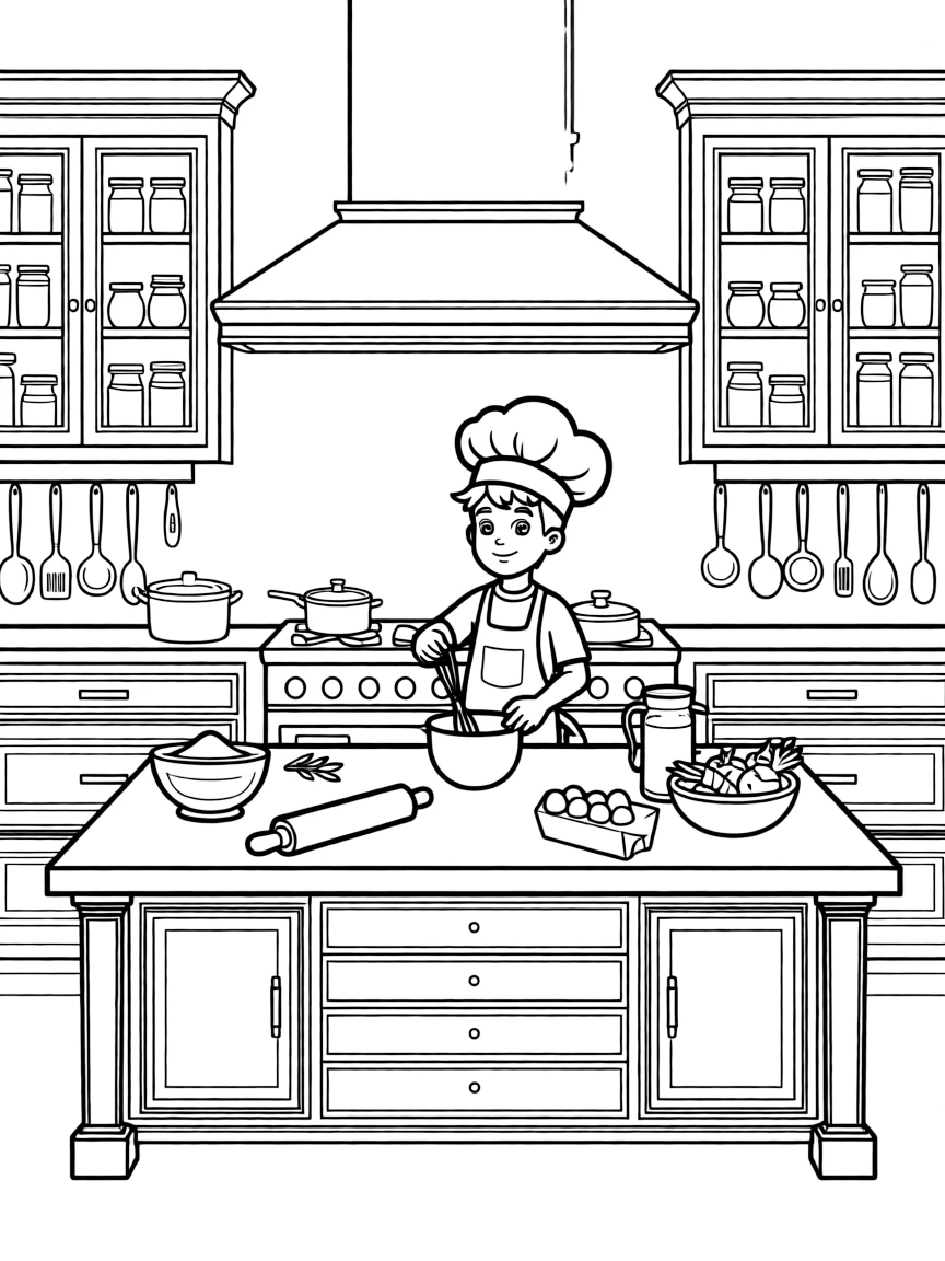 Remy cooking in a fancy kitchen, with all his ingredients.