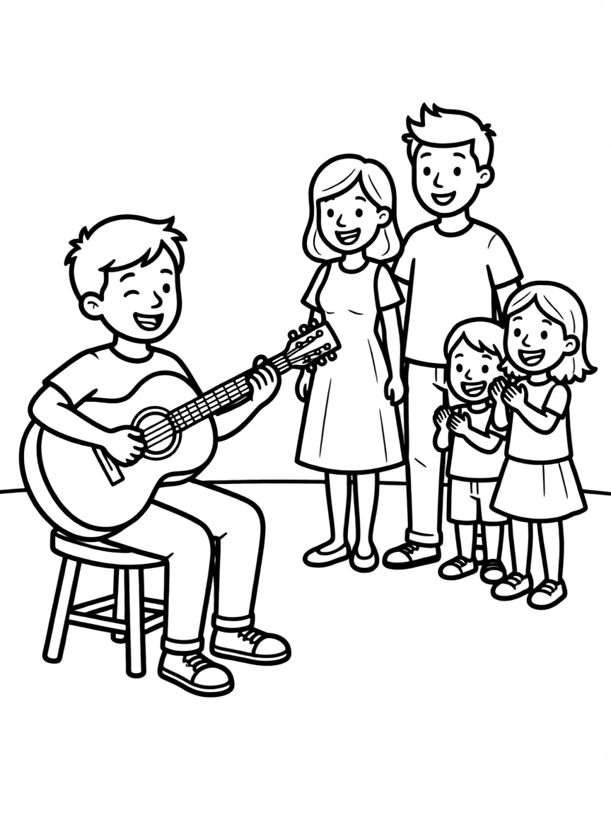 Miguel playing his guitar for his family, with happy faces.