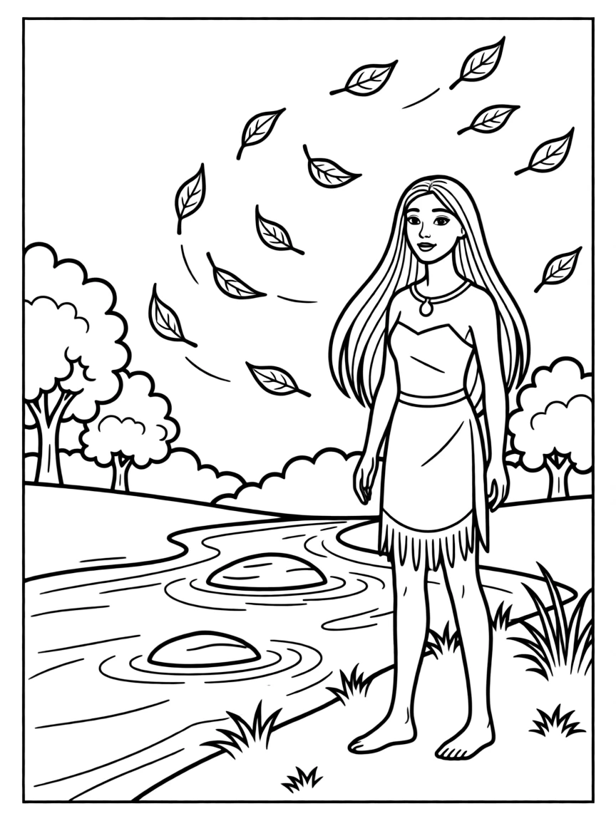 Pocahontas standing by a river, with the leaves blowing around her.