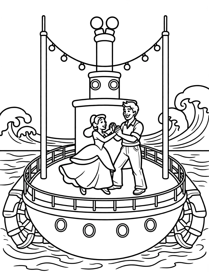 Tiana and Naveen dancing on a steamboat, with lights.