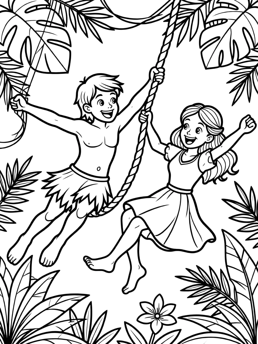 Tarzan swinging with Jane, with a big smile.