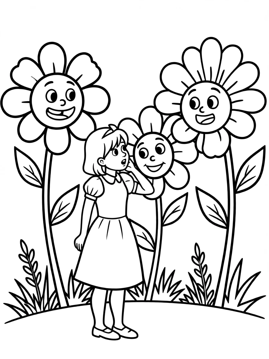Alice talking to the talking flowers, looking surprised.