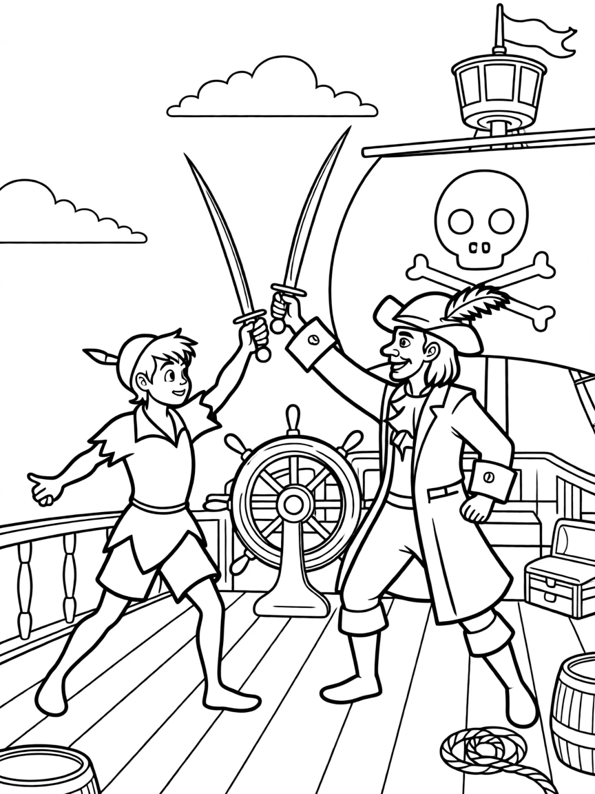Peter Pan and Captain Hook sword fighting on the Jolly Roger.