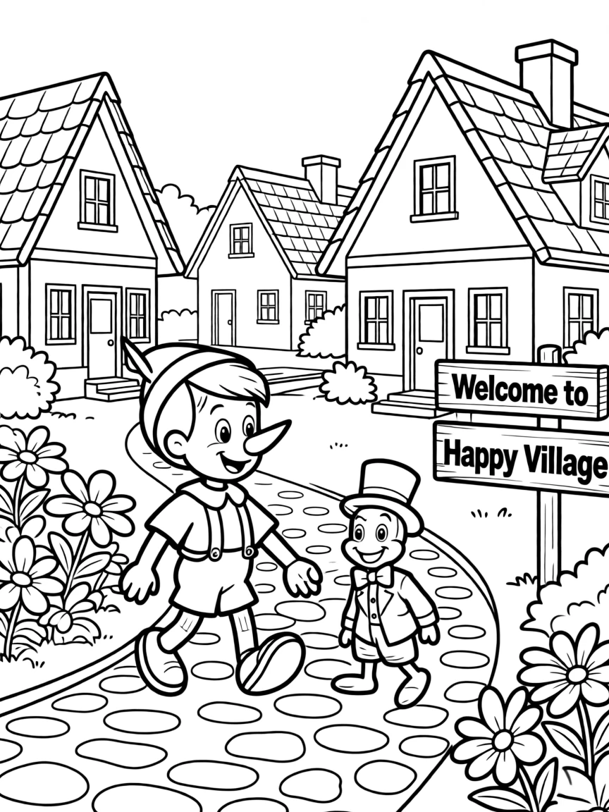 Pinocchio and Jiminy Cricket walking through a happy village.